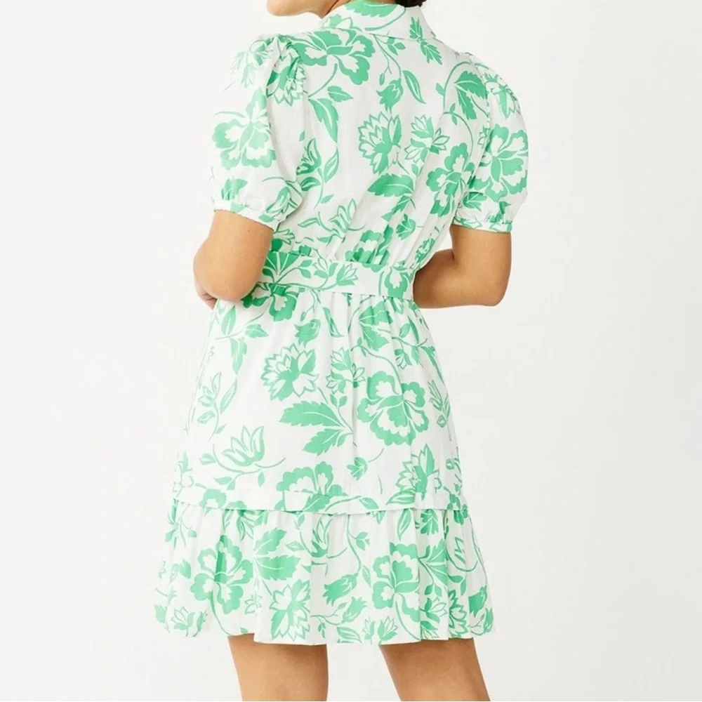 Draper James Puff Sleeve Green Floral Dress Size Medium Linen Blend Button Up - Picture 3 of 10